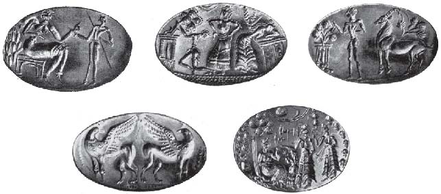 Оттиски золотых перстней-печатей из Микен, ок. XV—XIII вв. до н. э.