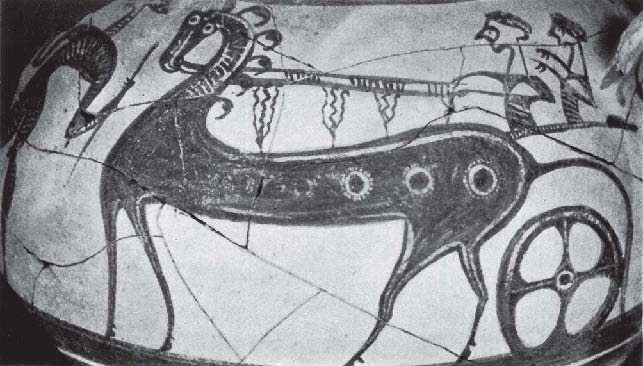 Конь с колесницей. Фрагмент кратера, из Микен. Терракота. XIV—XIII вв. до н.