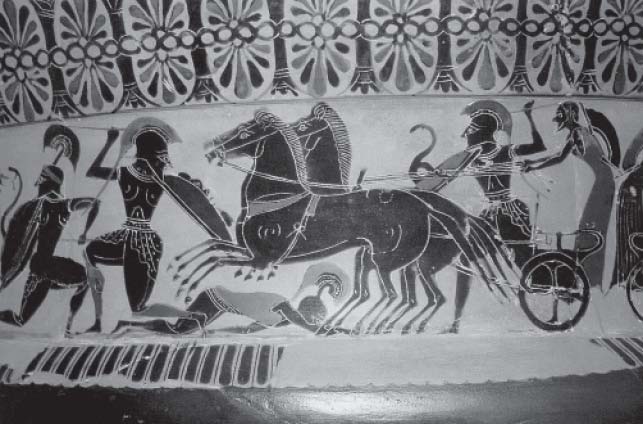 Боевая греческая колесница. Фрагмент греческой вазы