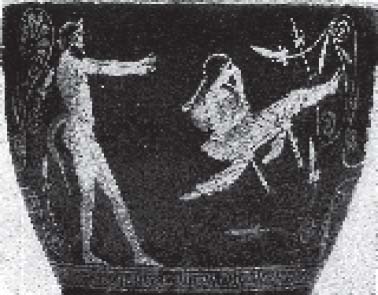 Сатир, качающий девушку на качелях. Роспись скифоса. Около 430 г. до н. э.