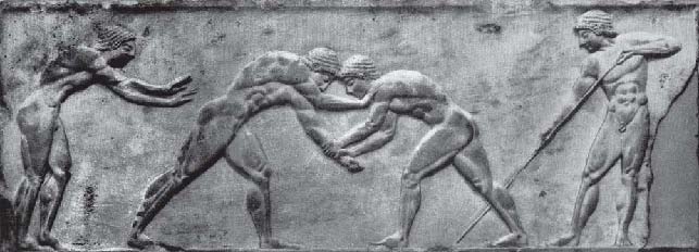 Борющиеся юноши. Рельеф базы статуи из Афин. Мрамор. Ок. 510 г. до н. э.