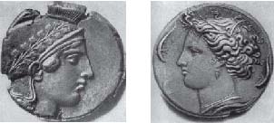 Греческие монеты с изображением Афины (2-я половина V в. до н. э.) и нимфы Аретузы