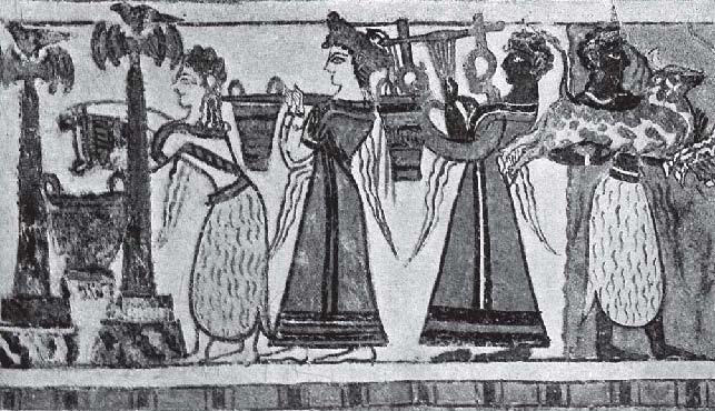 Сцена жертвоприношения. Деталь росписи саркофага из Агиа Триады. Конец XV в.
