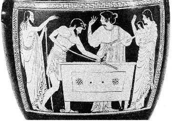Акрисий дает распоряжения плотнику, который сооружает ковчег, куда царь поместит